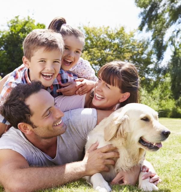 Famille heureuse avec chien au parc, sourires et câlins.