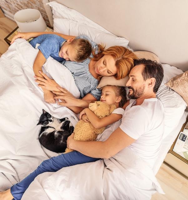 Famille dort ensemble avec chat et peluche, sereine et heureuse.