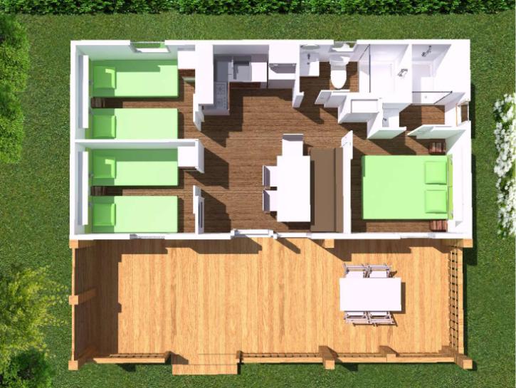 Plattegrond met twee slaapkamers, badkamer en terras.