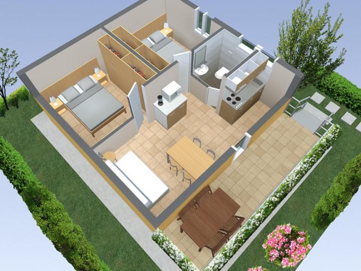 Plan 3D d'un appartement avec jardin, cuisine, salle de bain et deux chambres.