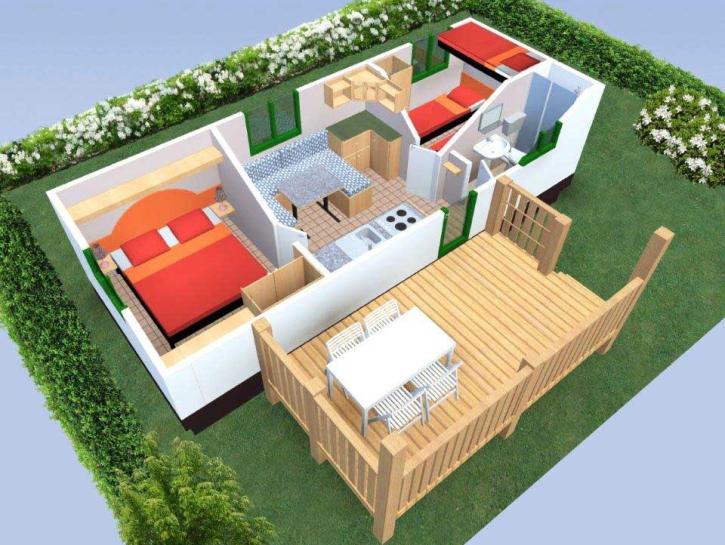 Plattegrond van een huis met twee slaapkamers en houten terras.